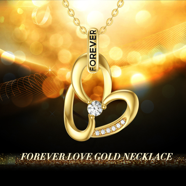 14K Gold Zircon Heart Pendant Necklace with Engraved Word-5