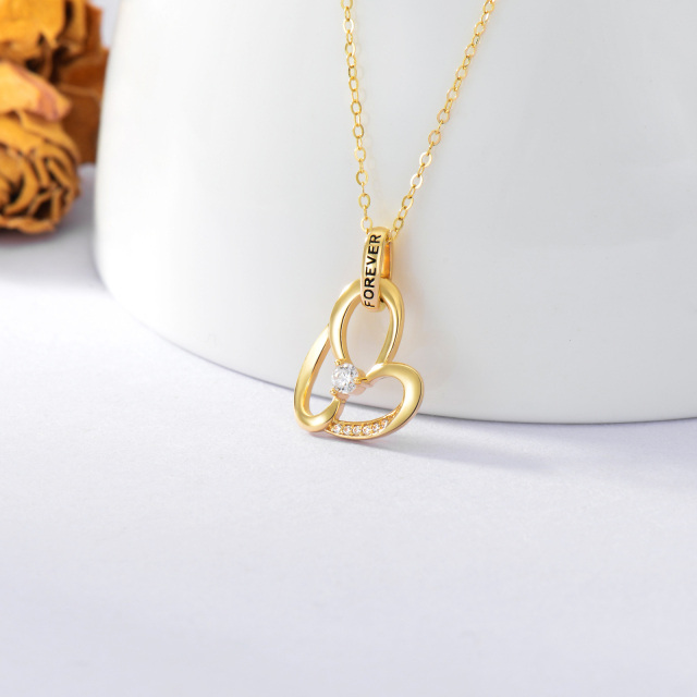 14K Gold Zircon Heart Pendant Necklace with Engraved Word-2