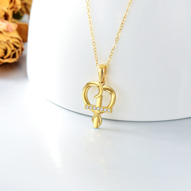 14K Gold Circular Shaped Zircon Heart Pendant Necklace-3