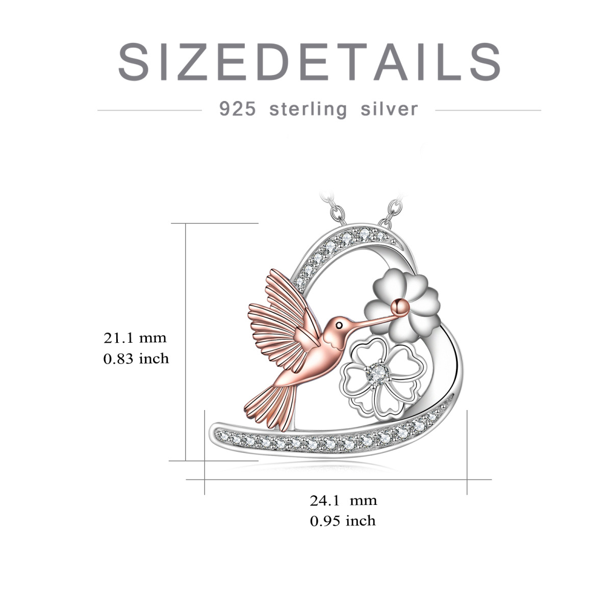 Sterling Silver Two-tone Round Cubic Zirconia Hummingbird & Heart Pendant Necklace-6