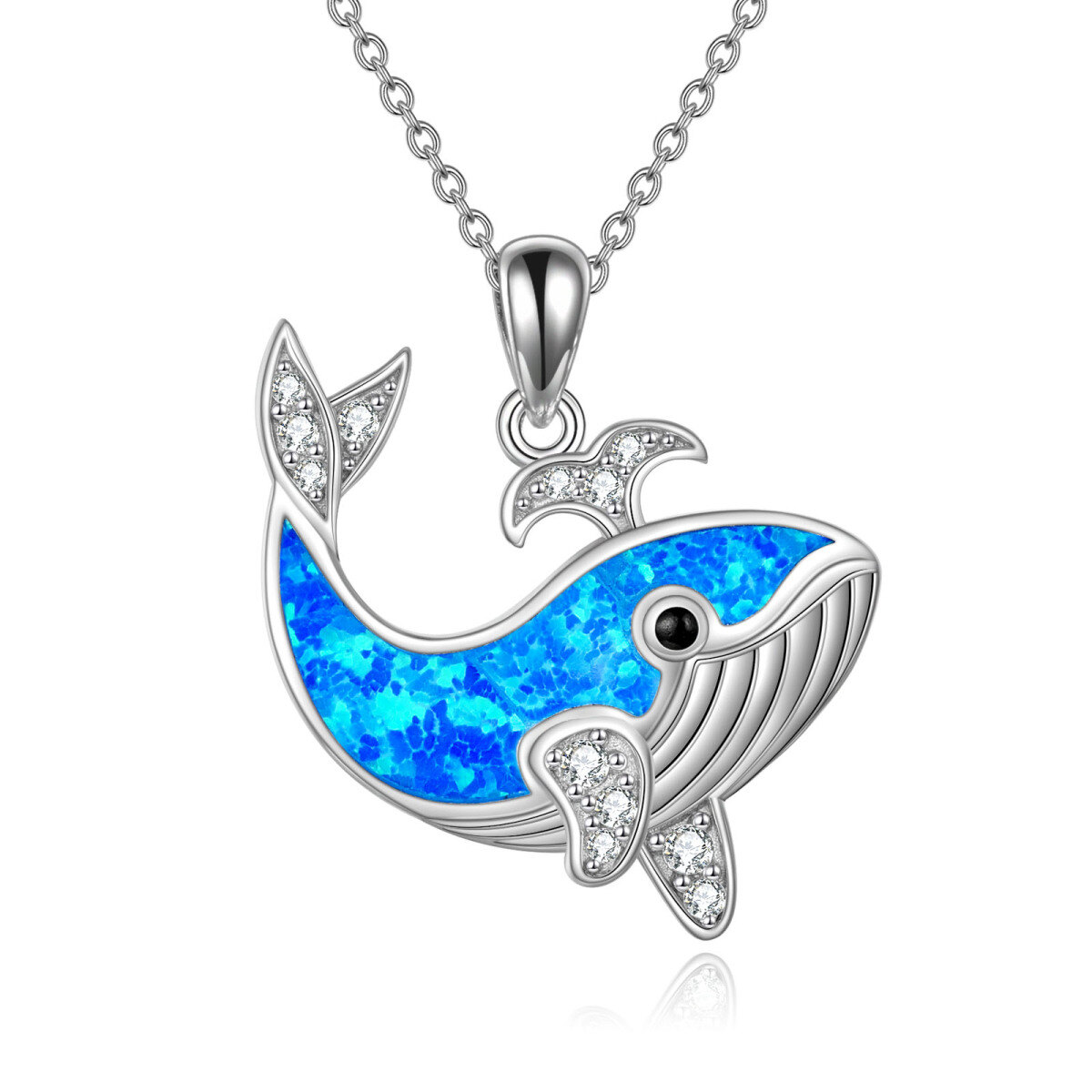 Sterling Silver Cubic Zirconia & Opal Whale Pendant Necklace-1