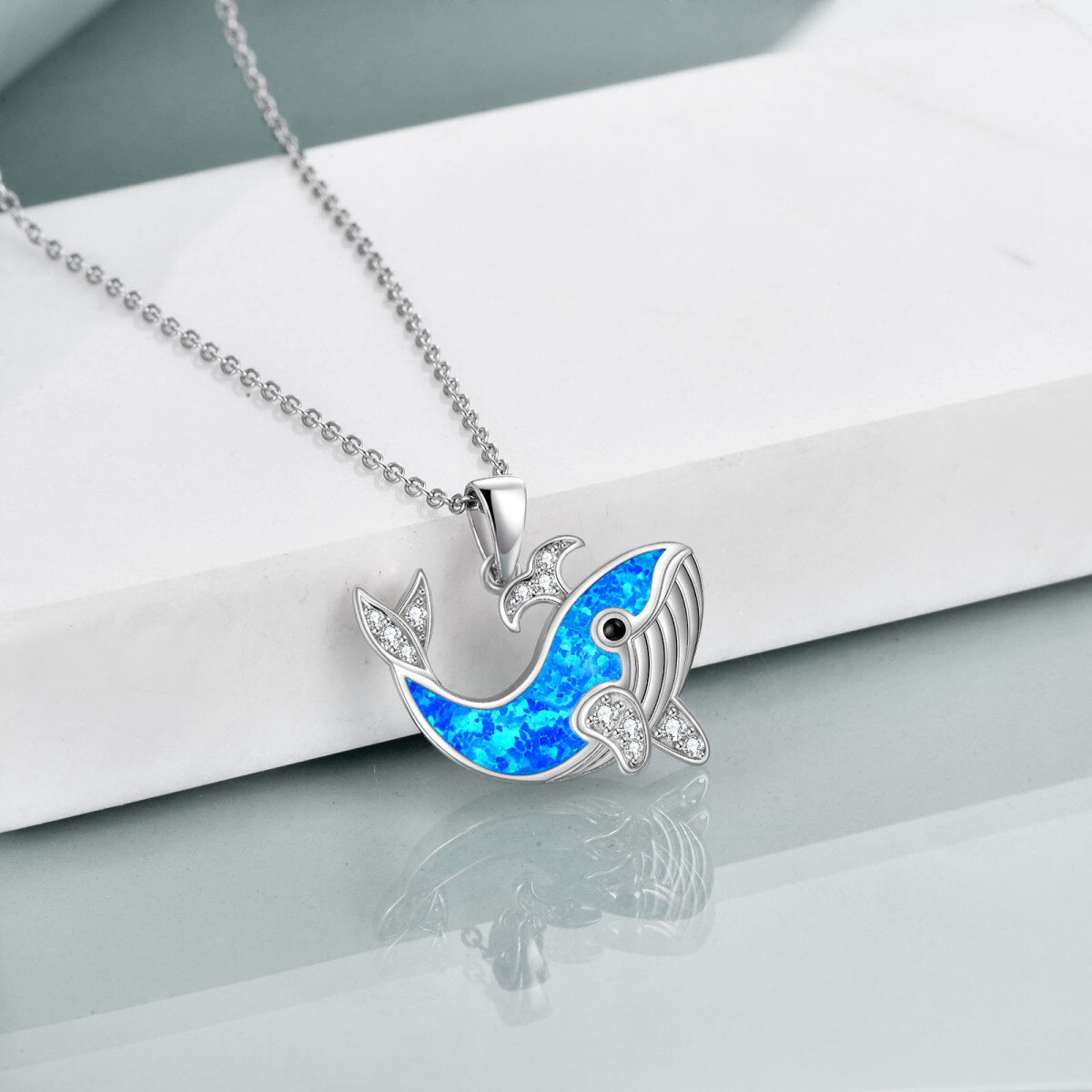 Sterling Silver Cubic Zirconia & Opal Whale Pendant Necklace-4