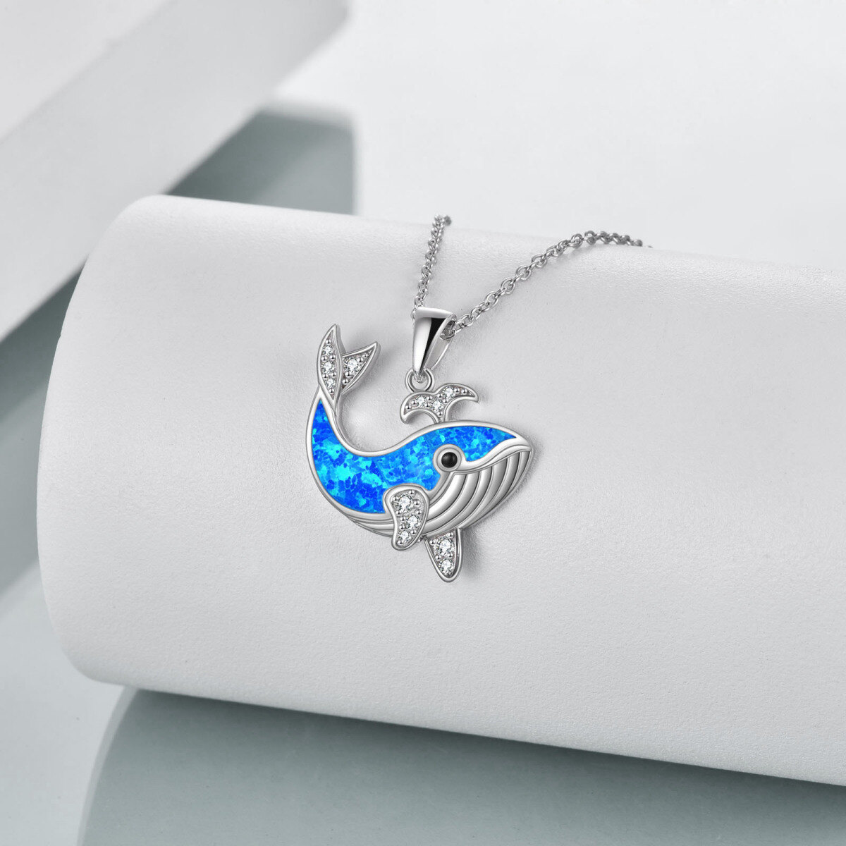 Sterling Silver Cubic Zirconia & Opal Whale Pendant Necklace-3