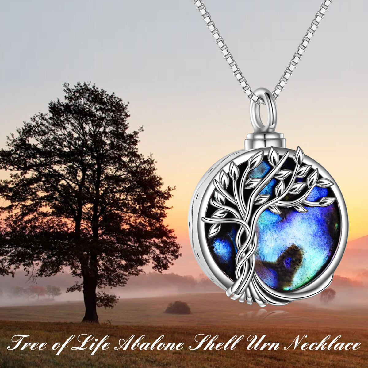 Collar de plata de ley Abalone Shellfish Tree Of Life Urn para cenizas con cadena de caja-6