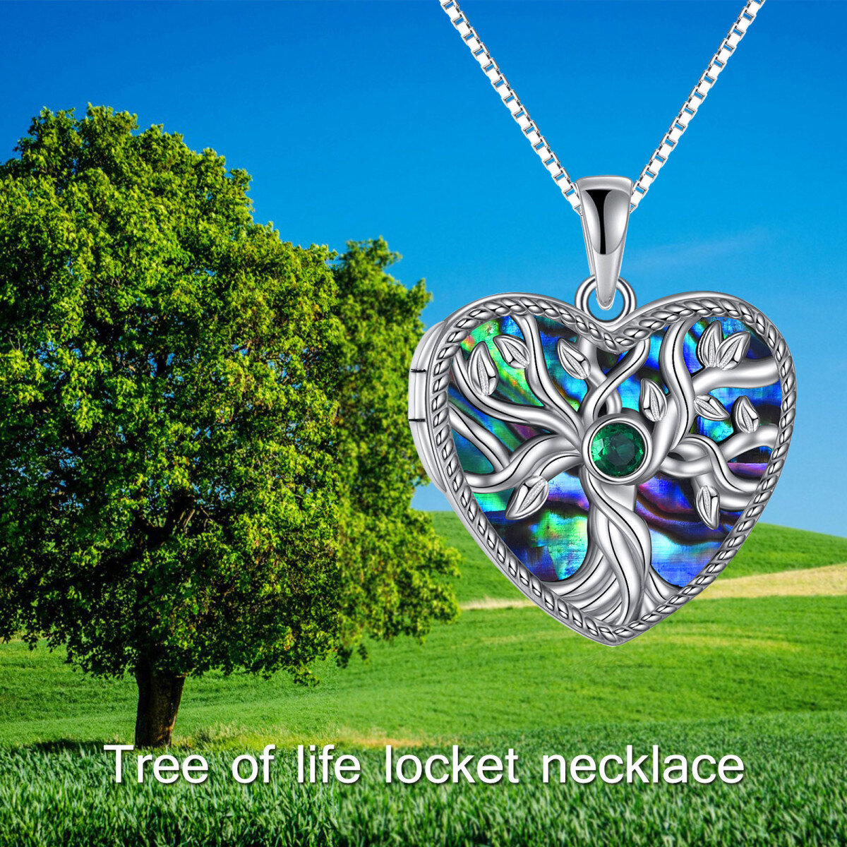 Sterling Silver Tree Of Life Personalized Photo Locket Necklace with Engraved Word-6