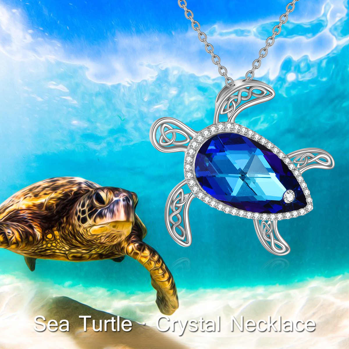 Sterling Silver Crystal Sea Turtle Pendant Necklace-6
