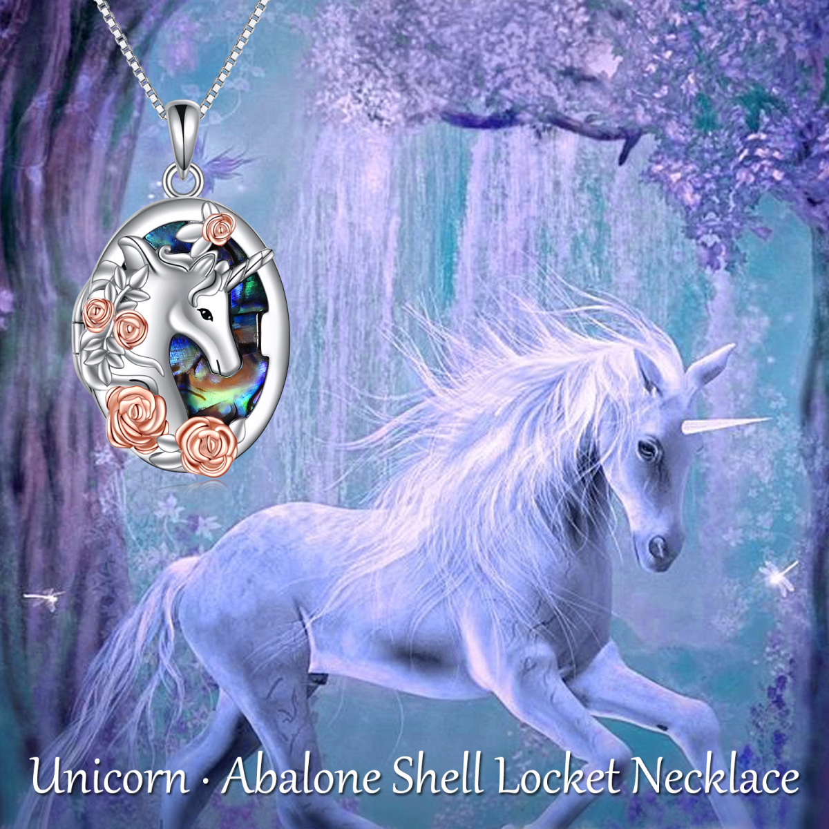 Plata de ley de dos tonos Abalone Shellfish Unicorn Personalizado Foto Locket Collar-6