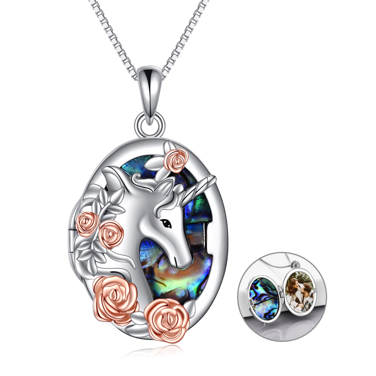 Plata de ley de dos tonos Abalone Shellfish Unicorn Personalizado Foto Locket Collar-1