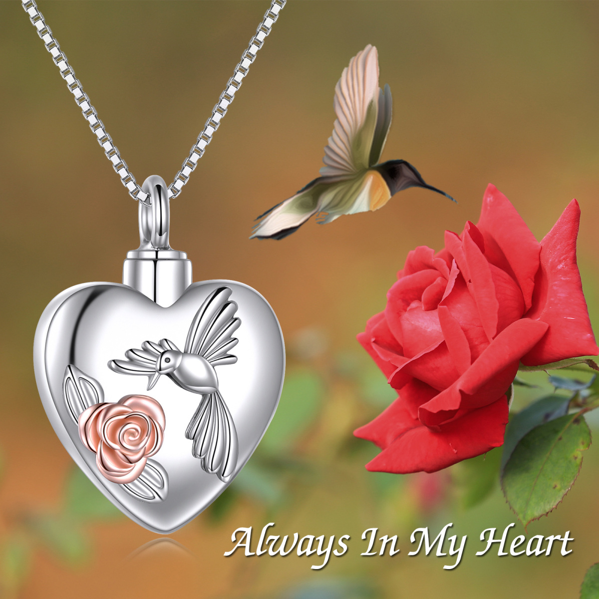 Sterling Silber zweifarbig Kolibri & Rose & Herz Urne Halskette für Asche mit eingravierte-6