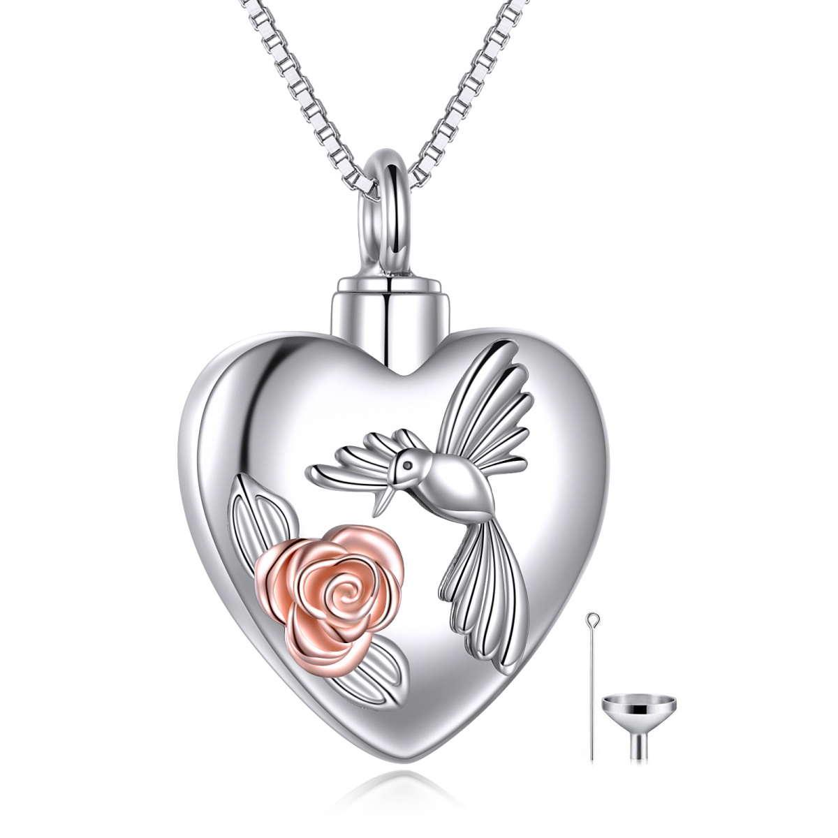 Sterling Silver Two-tone Hummingbird & Rose & Heart Urn Necklace for Ashes with Engraved Word-1