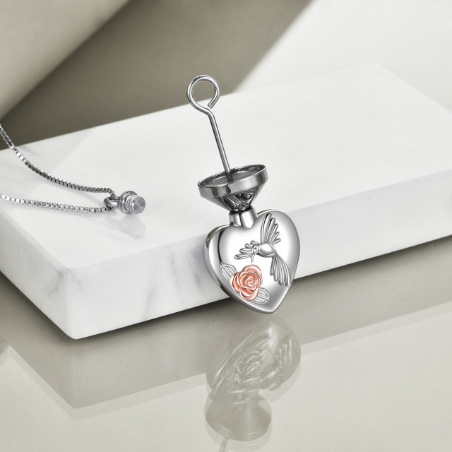 Sterling Silver Two-tone Hummingbird & Rose & Heart Urn Necklace for Ashes with Engraved Word-4