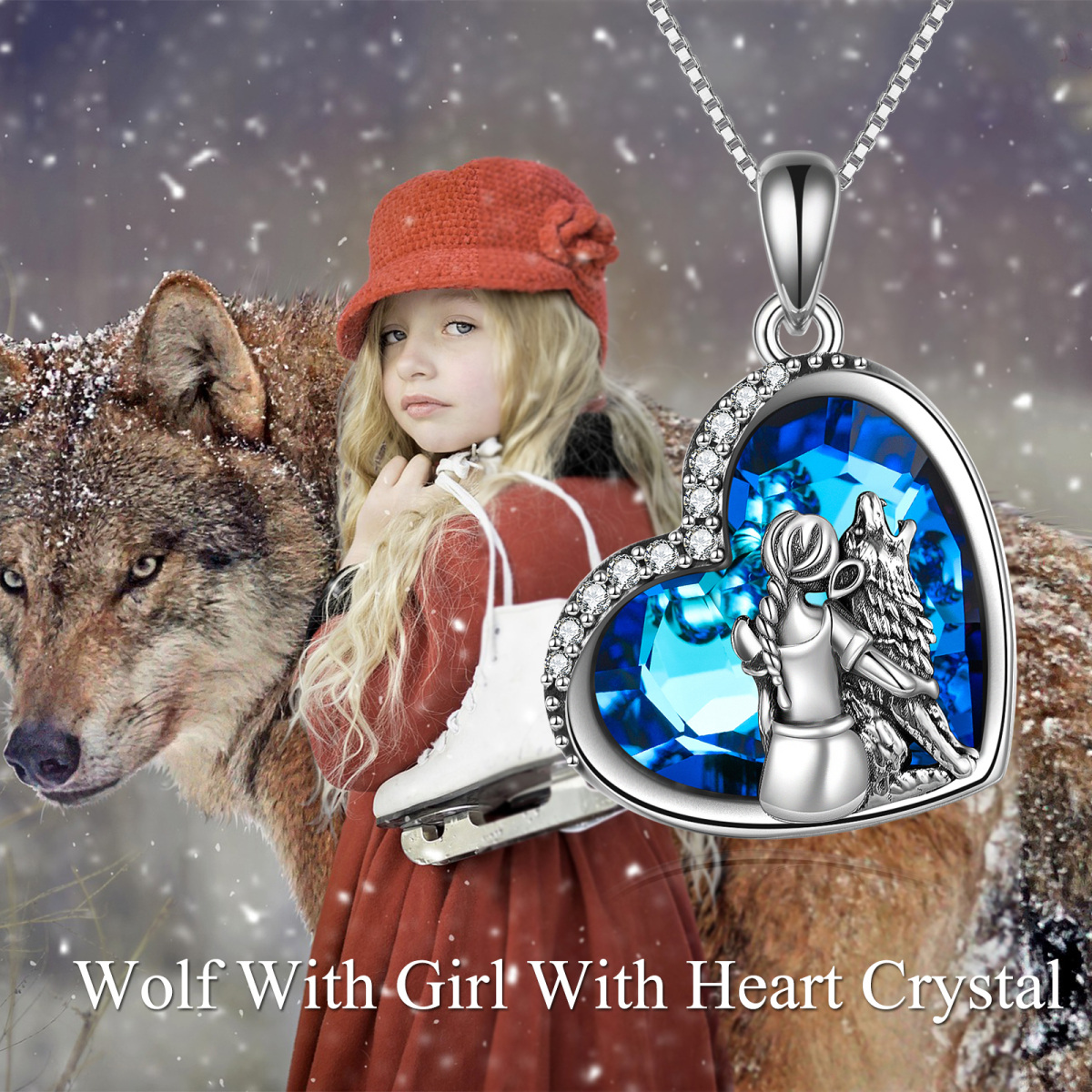 Sterling Silver Heart Crystal & Cubic Zirconia Wolf & Heart Pendant Necklace-6