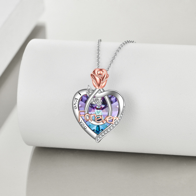 Sterling Silver Two-tone Heart Shaped Crystal Rose & Heart Pendant Necklace with Engraved Word-2