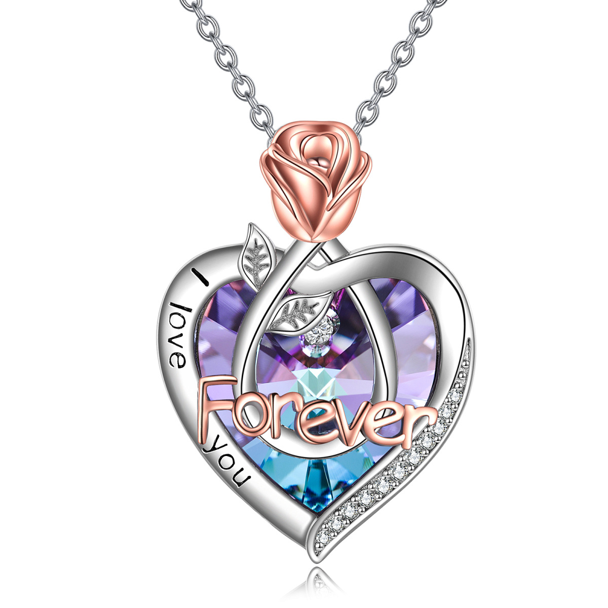 Sterling Silver Two-tone Heart Shaped Crystal Rose & Heart Pendant Necklace with Engraved Word-1