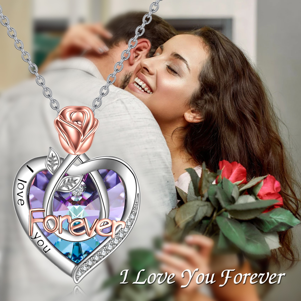 Sterling Silver Two-tone Heart Shaped Crystal Rose & Heart Pendant Necklace with Engraved Word-6