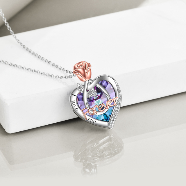 Sterling Silver Two-tone Heart Shaped Crystal Rose & Heart Pendant Necklace with Engraved Word-3