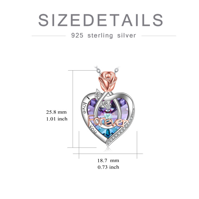 Sterling Silber zweifarbig Herz geformt Kristall Rose & Herz Anhänger Halskette mit eingra-4