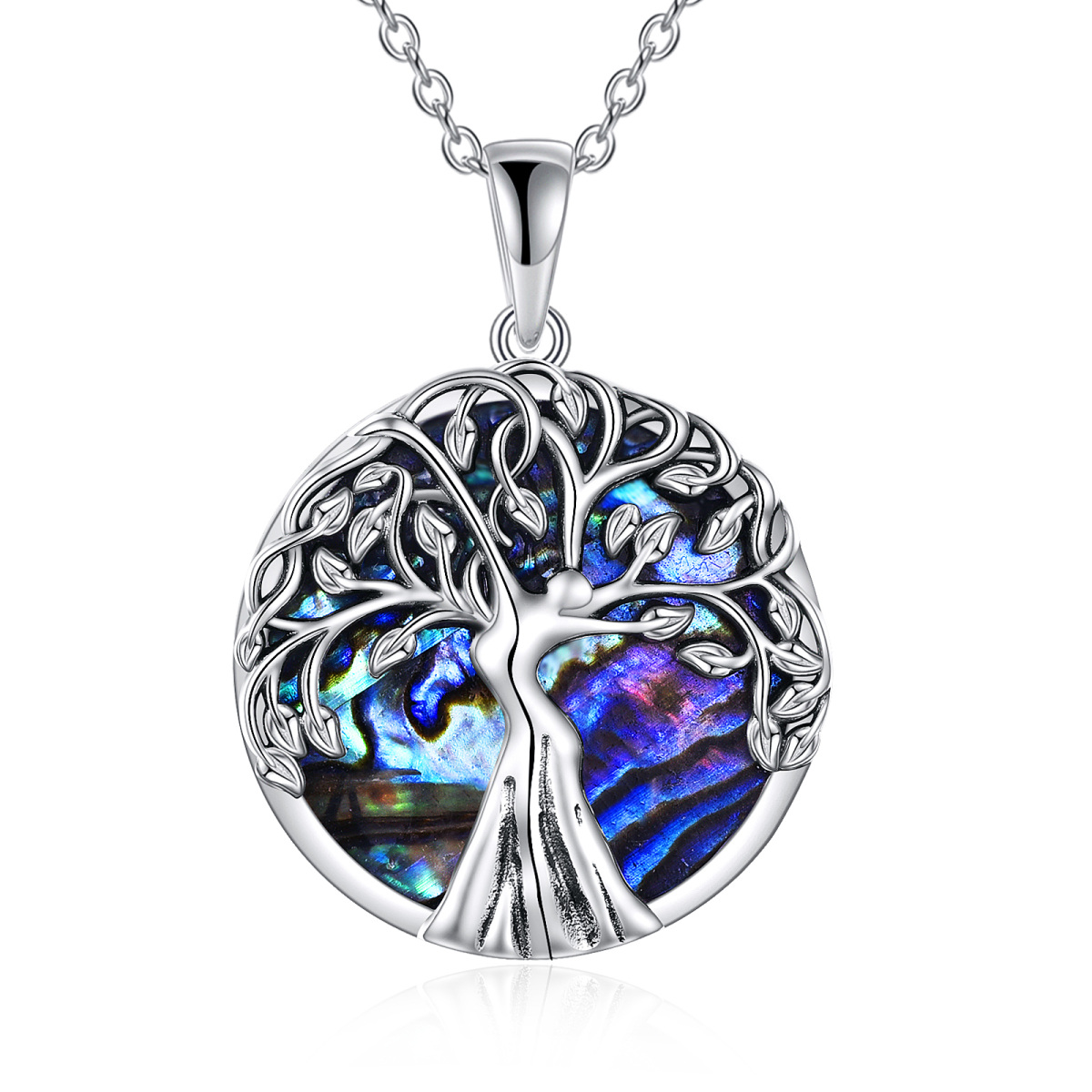 Sterling Silver Abalone Shellfish Tree Of Life Pendant Necklace-1