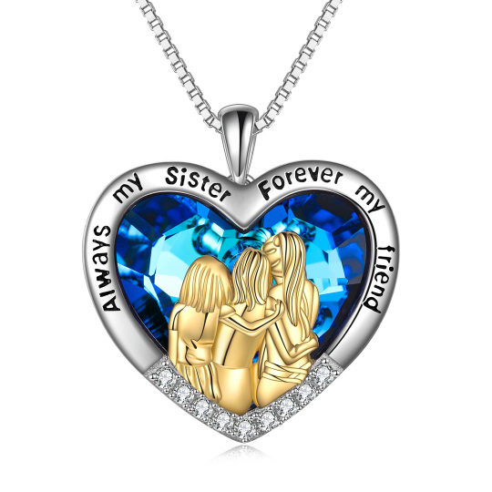 Sterling Silver Two-tone Heart Crystal Sisters Pendant Necklace with Engraved Word