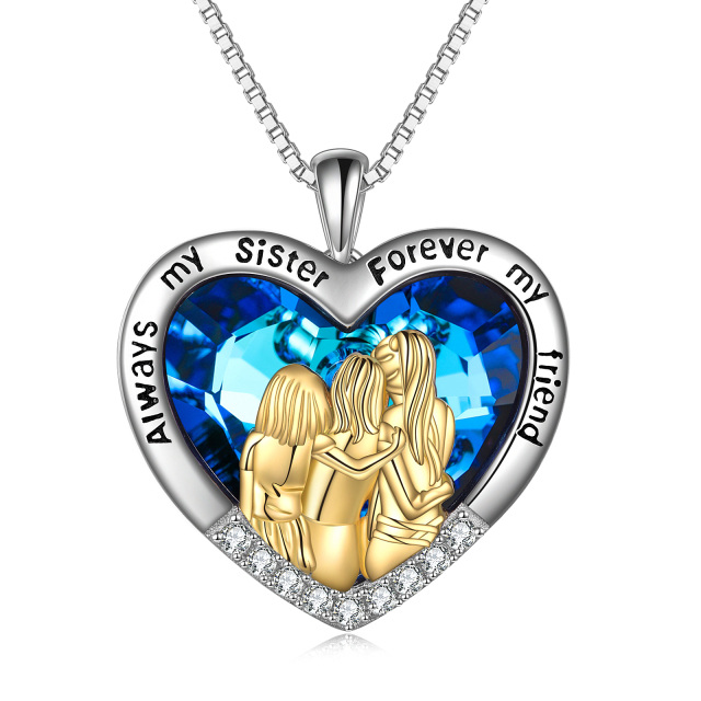 Sterling Silver Two-tone Heart Crystal Sisters Pendant Necklace with Engraved Word-0