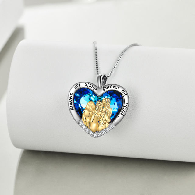Sterling Silver Two-tone Heart Crystal Sisters Pendant Necklace with Engraved Word-2