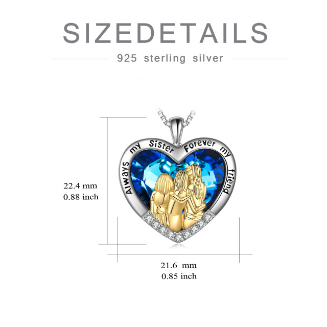 Sterling Silver Two-tone Heart Crystal Sisters Pendant Necklace with Engraved Word-4