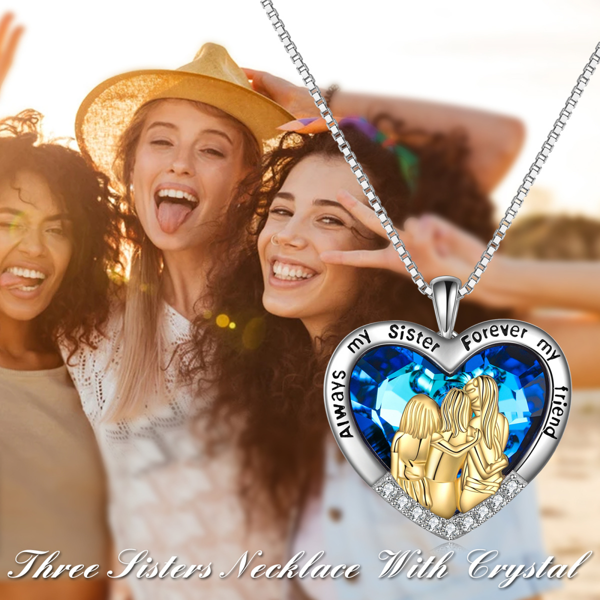 Zweifarbige Halskette mit Herzanhänger „Crystal Sisters“ aus Sterlingsilber mit eingraviertem Wort-6