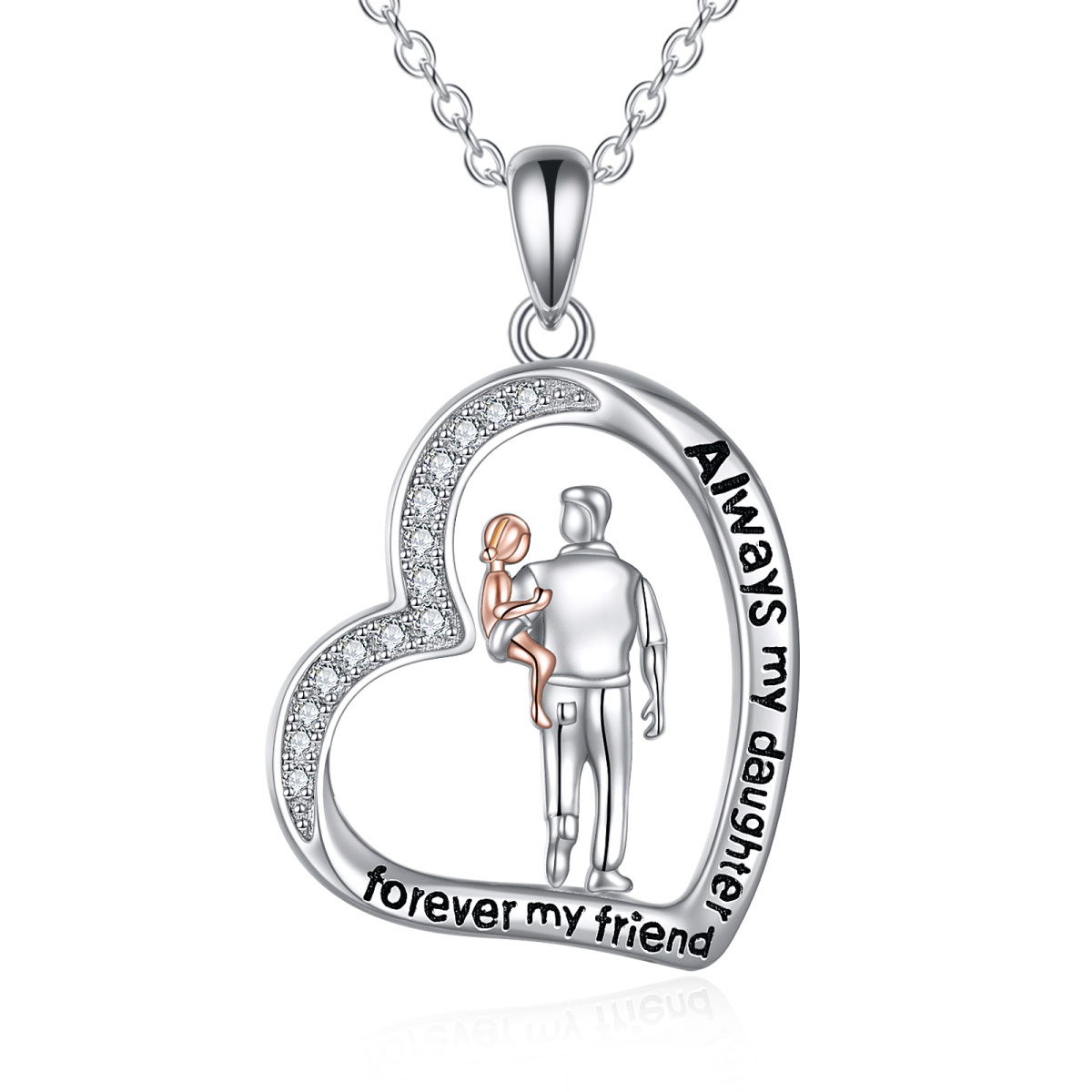 Sterling Silver Circular Shaped Cubic Zirconia Father & Daughter Heart Pendant Necklace with Engraved Word For Men-1