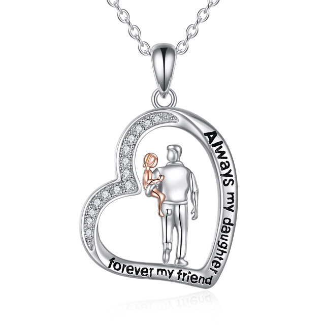 Sterling Silver Circular Shaped Cubic Zirconia Father & Daughter Heart Pendant Necklace with Engraved Word For Men-0