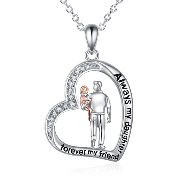 Plata de ley Circular en forma de circonio cúbico Padre e Hija Corazón Collar Colgante con la palabra grabada Para los hombres-0