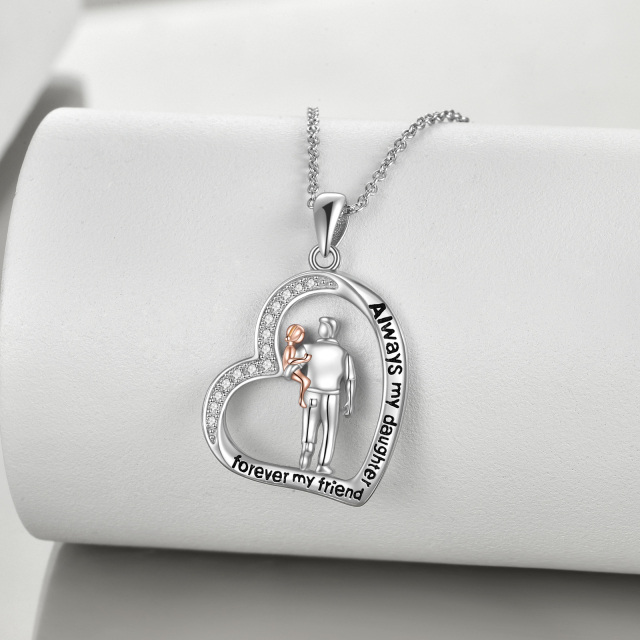 Sterling Silver Circular Shaped Cubic Zirconia Father & Daughter Heart Pendant Necklace with Engraved Word For Men-3