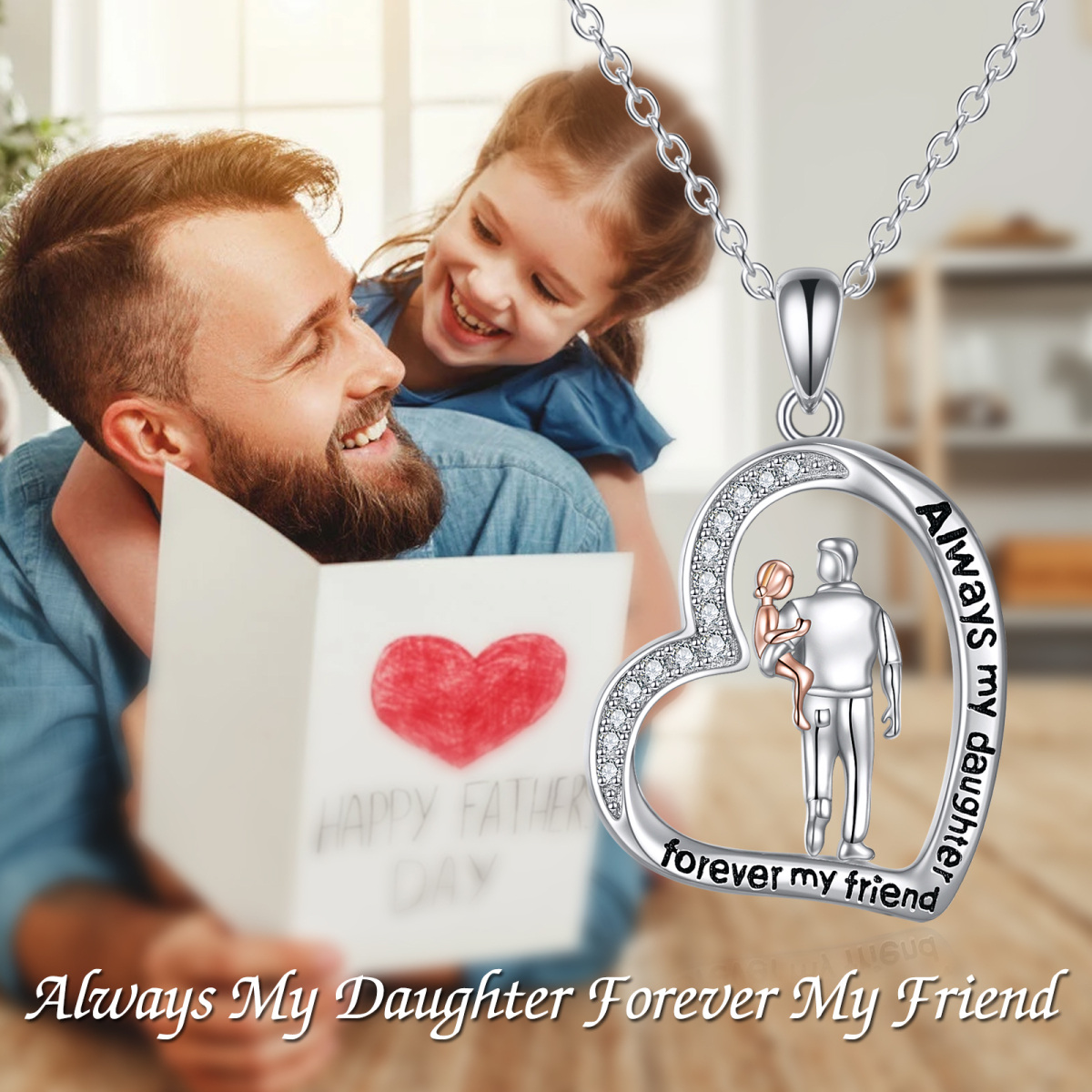 Sterling Silber kreisförmig Cubic Zirkonia Vater & Tochter Herz Anhänger Halskette mit eingraviertem Wort für Männer-6