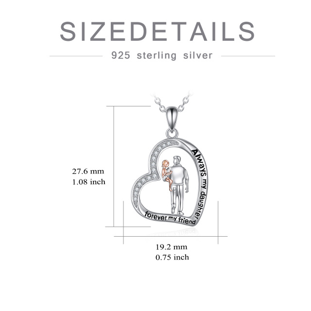 Sterling Silver Circular Shaped Cubic Zirconia Father & Daughter Heart Pendant Necklace with Engraved Word For Men-5