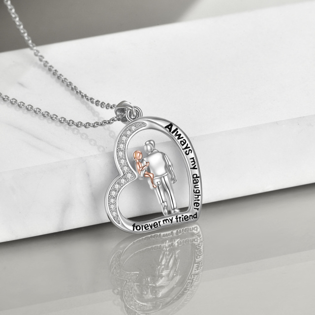 Sterling Silver Circular Shaped Cubic Zirconia Father & Daughter Heart Pendant Necklace with Engraved Word For Men-4