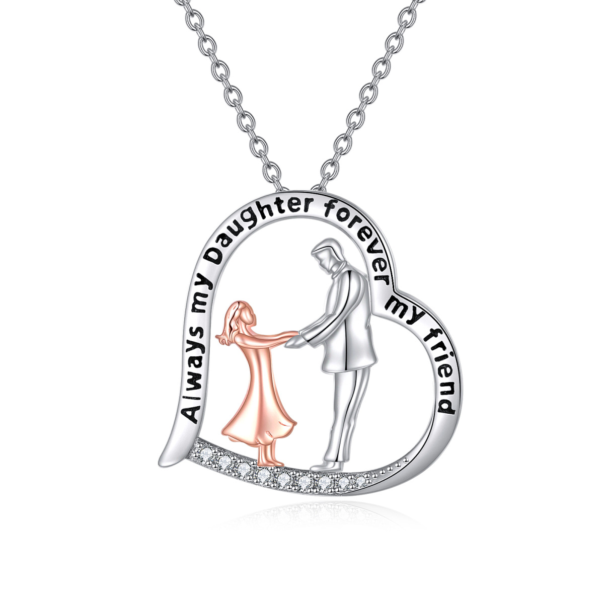 Sterling Silver Two-tone Circular Shaped Cubic Zirconia Father & Daughter & Heart Pendant Necklace with Engraved Word-1