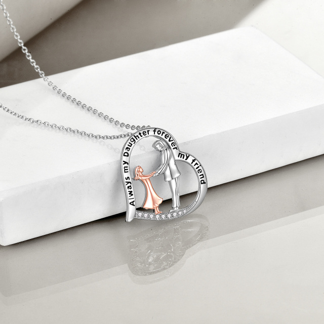 Sterling Silver Circular Shaped Cubic Zirconia Father & Daughter Heart Pendant Necklace with Engraved Word-3