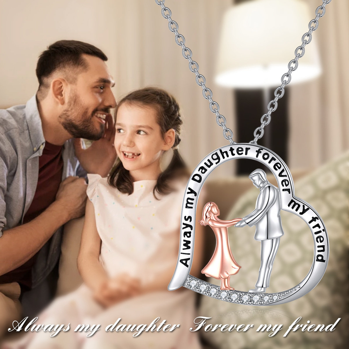 Sterling Silver Circular Shaped Cubic Zirconia Father & Daughter Heart Pendant Necklace with Engraved Word-6