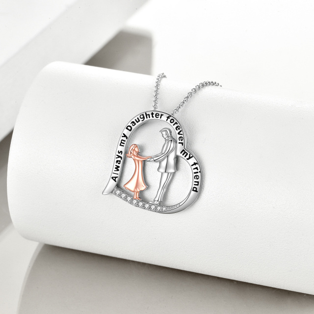 Sterling Silver Circular Shaped Cubic Zirconia Father & Daughter Heart Pendant Necklace with Engraved Word-2