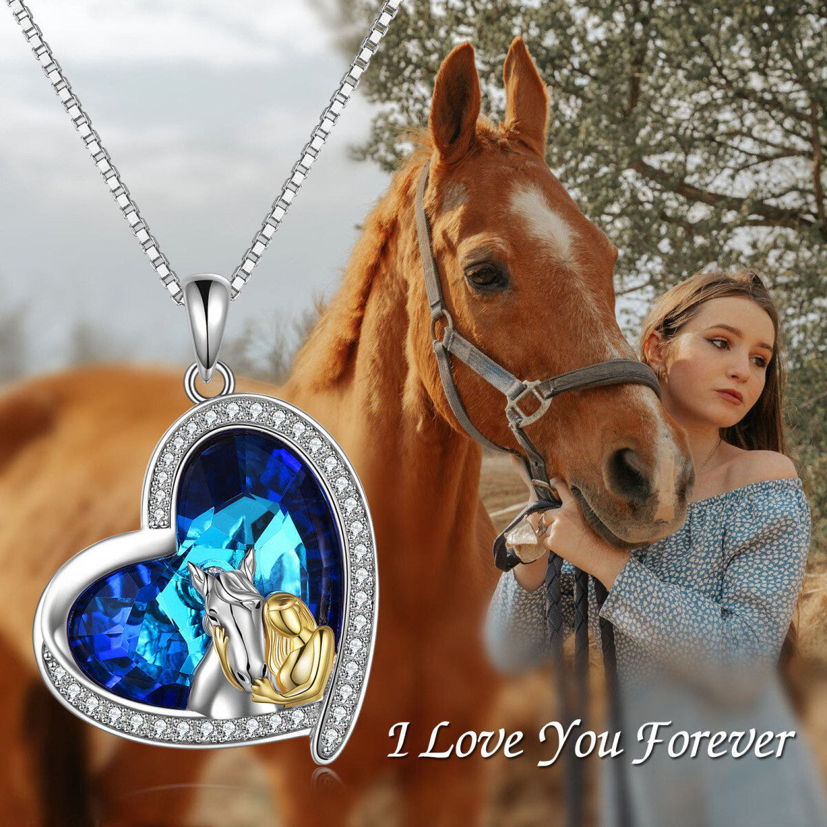 Sterling Silver Two-tone Circular Shaped Horse & Heart Crystal Pendant Necklace-6