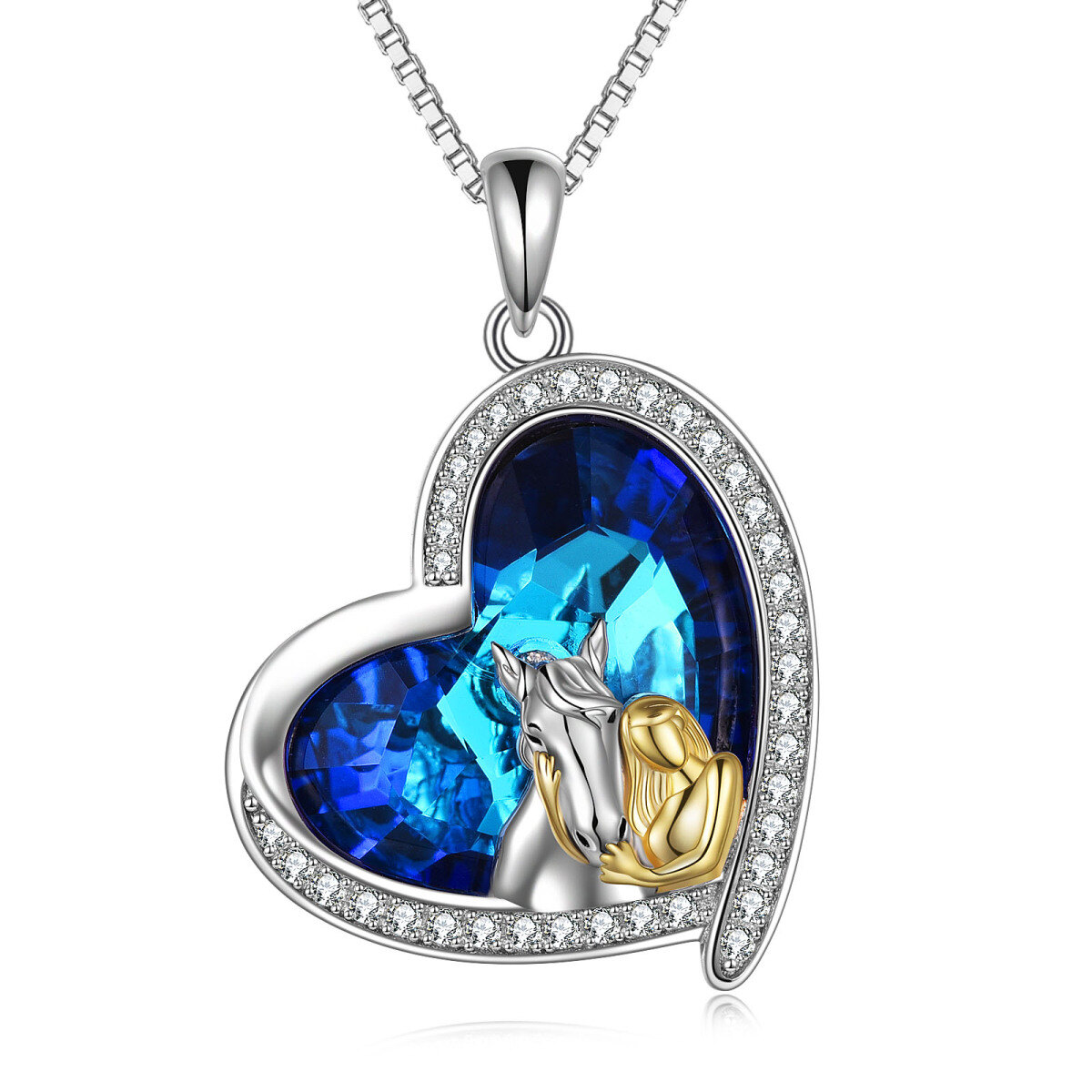 Sterling Silver Two-tone Circular Shaped Horse & Heart Crystal Pendant Necklace-1