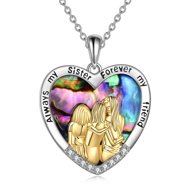 Sterling Silver Two-tone Heart Shaped Abalone Shellfish Sisters & Heart Pendant Necklace with Engraved Word-1