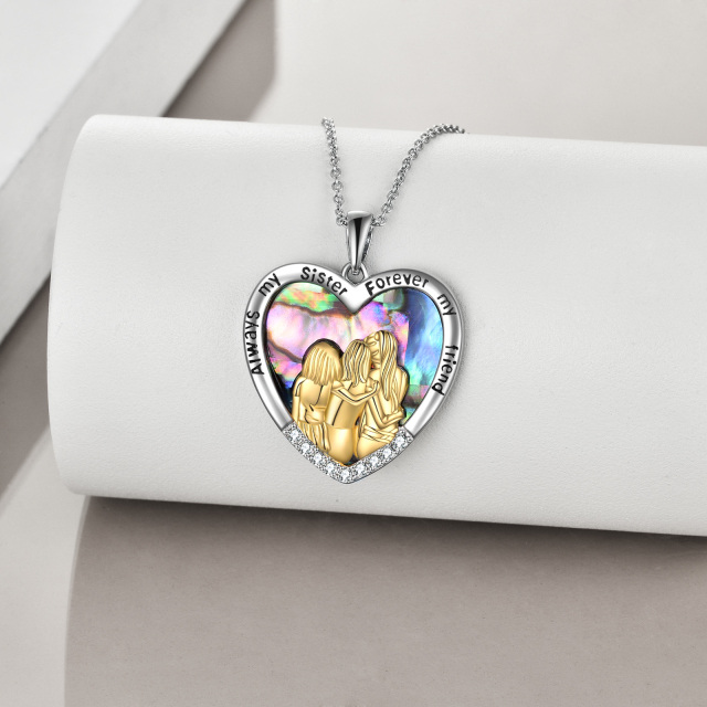 Sterling Silver Two-tone Heart Shaped Abalone Shellfish Sisters & Heart Pendant Necklace with Engraved Word-3