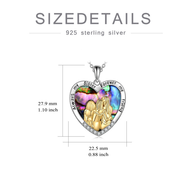 Sterling Silver Two-tone Heart Shaped Abalone Shellfish Sisters & Heart Pendant Necklace with Engraved Word-5