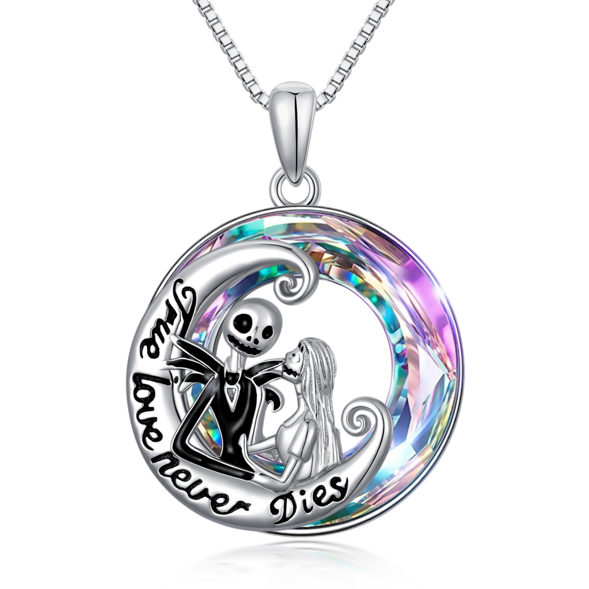 Sterling Silver Circular Shaped Moon & Skeleton Crystal Pendant Necklace with Engraved Word-1