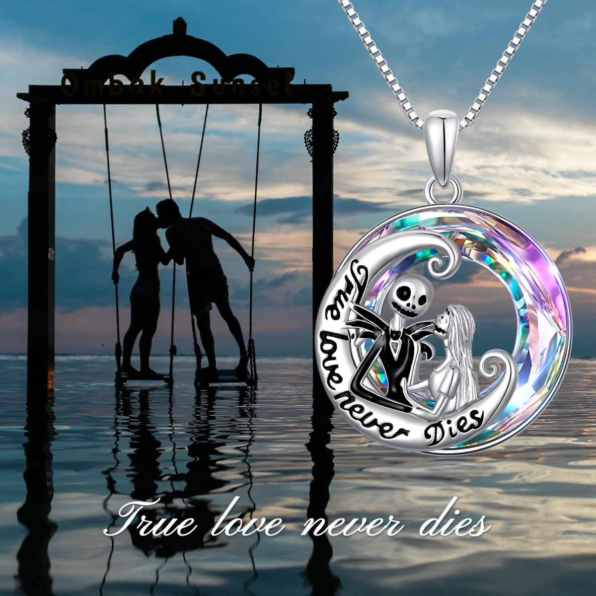 Sterling Silver Circular Shaped Moon & Skeleton Crystal Pendant Necklace with Engraved Word-6