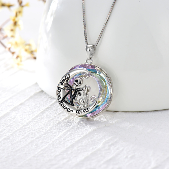 Sterling Silver Circular Shaped Moon & Skeleton Crystal Pendant Necklace with Engraved Word-2