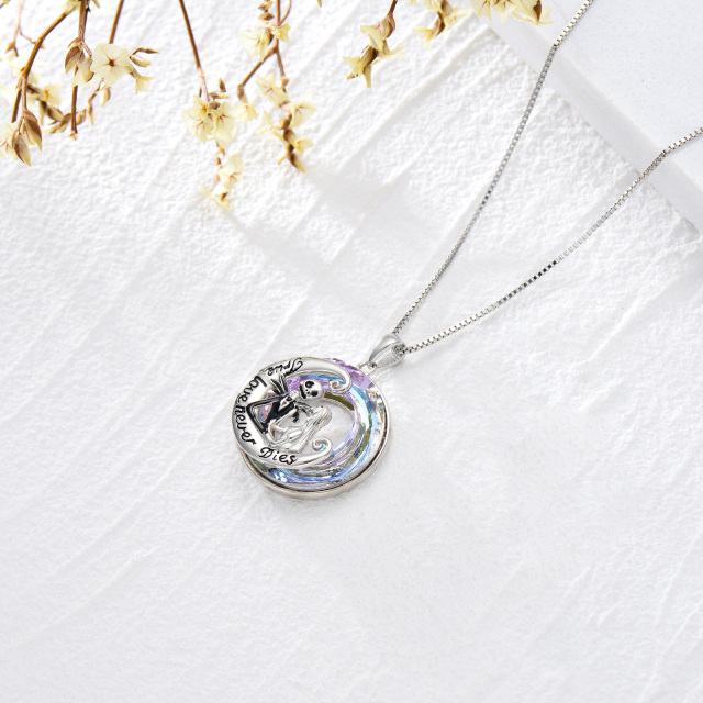 Sterling Silver Circular Shaped Moon & Skeleton Crystal Pendant Necklace with Engraved Word-3
