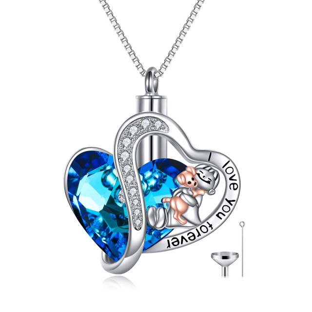 Sterling Silver Two-tone Heart Crystal Dog & Heart Urn Necklace for Ashes with Engraved Word-1