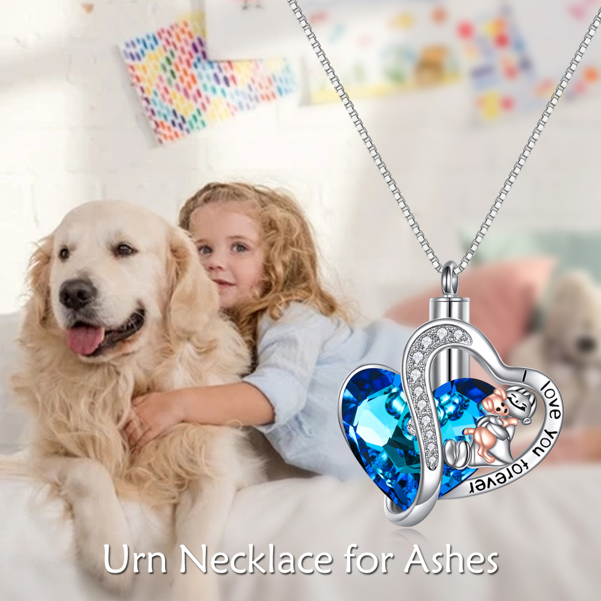 Sterling Silver Two-tone Heart Crystal Dog & Heart Urn Necklace for Ashes with Engraved Word-6