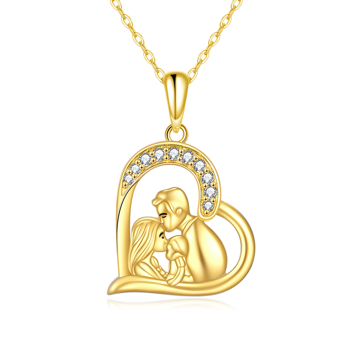 14K Gold Cubic Zirconia Parents & Children & Heart Pendant Necklace-1